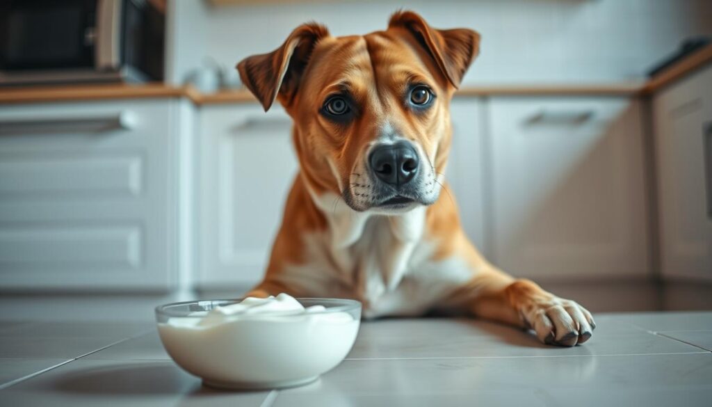A well-lit close-up photograph of a healthy-looking dog sitting attentively and staring curiously at a bowl of natural, creamy white yogurt placed in front of them on a clean, tiled kitchen surface. The dog's expression conveys a sense of wonder and mild uncertainty, as if wondering whether it is safe to consume the dairy product. The scene is captured with a shallow depth of field, gently blurring the background to keep the focus on the dog and the yogurt bowl. The lighting is soft and warm, creating a welcoming and approachable atmosphere, hinting at the nutritional benefits and suitability of natural yogurt for canine consumption.