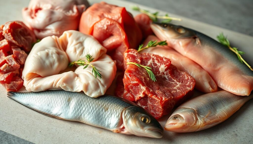 A well-lit, close-up photograph of a selection of raw, fresh meats suitable for a cat's BARF (Biologically Appropriate Raw Food) diet. The image should feature a variety of high-quality protein sources, such as chicken, turkey, beef, and fish, arranged artfully on a neutral-colored surface. The meats should appear succulent and appetizing, with natural textures and colors. The lighting should be warm and natural, highlighting the details of the different cuts. The composition should be balanced and visually appealing, drawing the viewer's attention to the nourishing, species-appropriate foods for a feline companion.