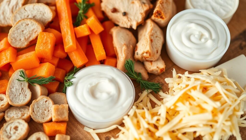 A well-lit close-up photograph of an array of common household foods that a dog might safely consume, including sliced carrots, cooked chicken, plain yogurt, and shredded cheese, arranged neatly on a wooden table or countertop. The lighting should be soft and natural, highlighting the vibrant colors and textures of the food items. The composition should be balanced and visually appealing, drawing the viewer's attention to the variety of dog-friendly snacks. The overall mood should convey a sense of healthy, responsible pet ownership.