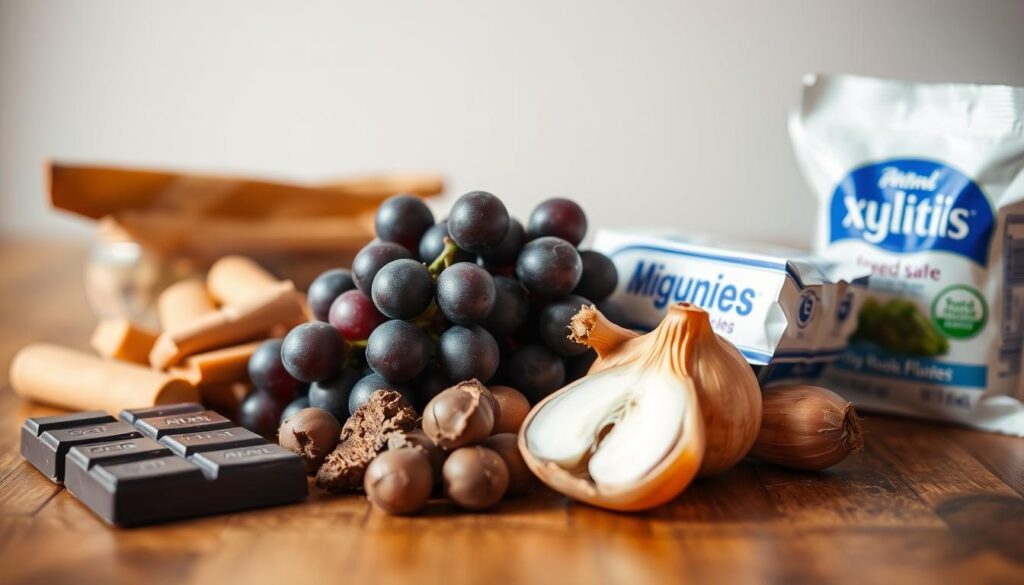 A well-lit, close-up shot of an assortment of human foods that dogs should avoid, including dark chocolate, grapes, onions, and xylitol-sweetened items, arranged neatly on a wooden table. The items are in focus, with a soft, blurred background, creating a sense of depth and emphasizing the importance of the subject matter. The lighting is warm and natural, casting gentle shadows and highlights that accentuate the textures and colors of the foods. The overall mood is informative and cautionary, guiding the viewer on the dietary needs of a canine companion.