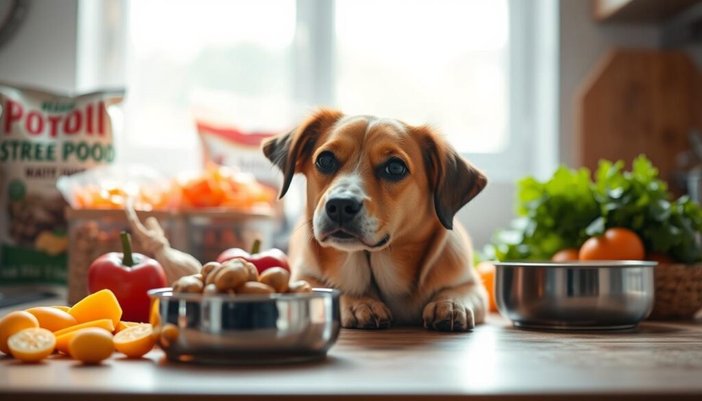 A well-lit kitchen counter, featuring an array of dog food, fresh vegetables, and a stainless steel bowl. In the foreground, a medium-sized dog, its attentive gaze focused on the meal being prepared. The lighting casts a warm, natural glow, highlighting the textures of the ingredients and the dog's soft, glossy fur. The background is softly blurred, creating a sense of depth and emphasis on the central subject. The overall scene conveys a balanced, healthy diet for the canine companion, reflecting the key information about incorporating potatoes into a dog's meal.