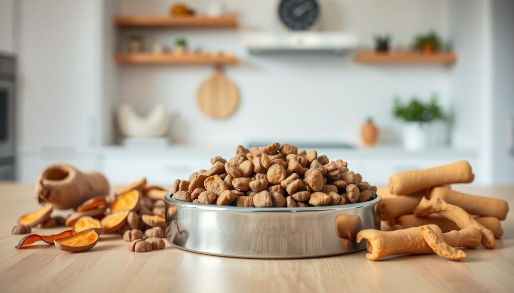 A well-lit kitchen counter, with a bowl of high-quality dry dog food prominently displayed. The kibble pieces are large, crunchy, and a rich, natural brown color. Surrounding the bowl are various healthy dog treats, such as dried sweet potato slices and soft chews. The counter is made of a light-colored wood, creating a warm, inviting atmosphere. The lighting is soft and diffused, casting a gentle glow on the scene. In the background, a minimalist, white-walled kitchen can be seen, suggesting a clean, modern, and well-maintained environment. The overall impression is one of a balanced, nutritious, and appealing diet for a beloved canine companion.
