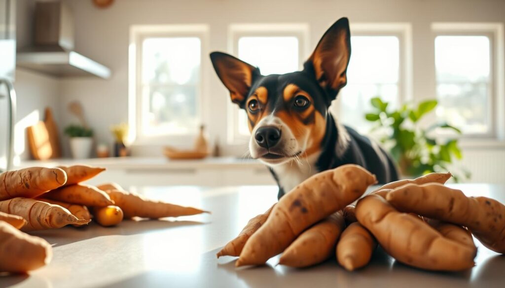 A well-lit kitchen counter with a selection of fresh batatas (sweet potatoes) arranged in the foreground. In the middle ground, a curious and attentive dog, its head tilted slightly as it examines the unfamiliar tubers. The background features a bright, airy room with natural light flooding in through large windows, creating a warm and inviting atmosphere. The image conveys a sense of exploration and the potential for a healthy, dog-friendly snack.