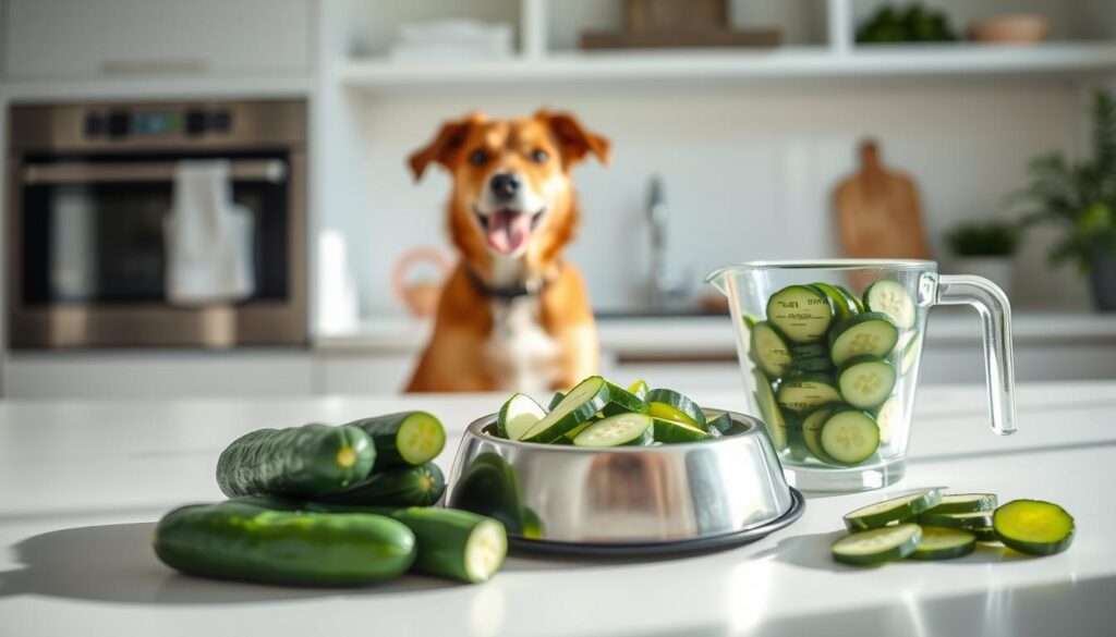 A well-lit kitchen counter with a selection of fresh cucumbers, a dog bowl, and a measuring cup. In the foreground, a friendly dog sits patiently, waiting for the proper portion of sliced cucumbers to be carefully measured and placed in its bowl. The background features a clean, minimalist space with natural lighting, creating a calm and welcoming atmosphere. The overall scene conveys a sense of healthy, balanced canine nutrition and attentive pet care.