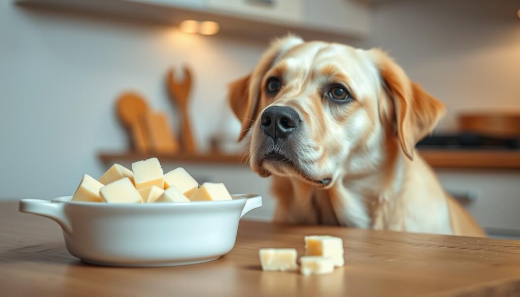 A well-lit kitchen counter with a white ceramic dish filled with cubes of creamy white cheese. A curious-looking dog, perhaps a Labrador or Golden Retriever, sitting nearby, its head tilted slightly as it observes the cheese intently. The dog's fur is soft and shiny, and its eyes are attentive, reflecting a natural curiosity about the dairy treat. The background is softly blurred, allowing the dog and the cheese to be the focal points of the image. The overall scene conveys a sense of interaction and exploration, with the dog considering whether it can safely enjoy the white cheese.