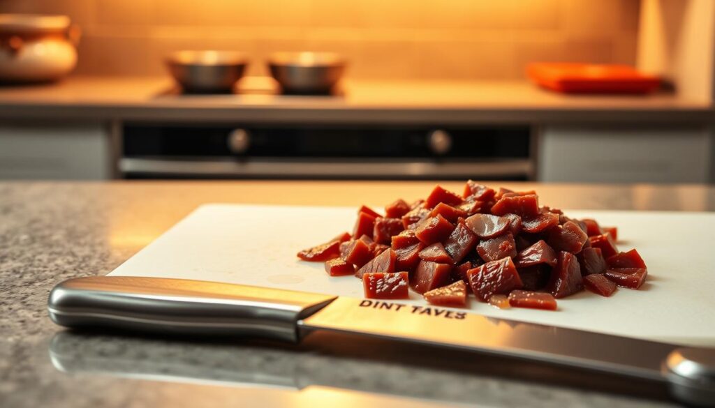 A well-lit kitchen counter with freshly prepared chicken liver, neatly diced and arranged in an elegant display. The liver glistens under the warm, soft lighting, its deep reddish-brown hue accentuated. In the foreground, a clean, stainless steel knife and cutting board stand ready, suggesting the care and attention taken in the preparation. The background features muted, neutral tones, allowing the main subject to take center stage. The overall scene conveys a sense of culinary professionalism and concern for the dog's health and wellbeing.
