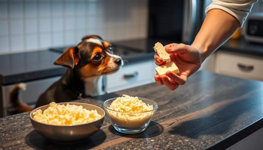 A well-lit kitchen countertop, with a bowl of freshly grated white cheese and a small, attentive dog sitting nearby, their eyes locked with anticipation. The dog's posture is alert, their tail wagging slightly, as the handler extends a small portion of the cheese towards them, showcasing the proper way to introduce this dairy treat to a canine companion. The scene exudes a sense of care and guidance, with a warm, inviting atmosphere that captures the essence of the article's subject matter.