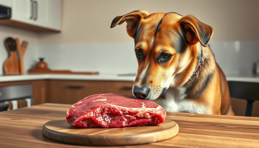 A well-lit, realistic scene depicting a medium-sized dog sniffing and examining a raw piece of red meat on a wooden surface. The dog's expression should convey curiosity and interest, not aggression or fear. The background should be a clean, neutral kitchen or dining room setting, with minimalist details to avoid distractions. The lighting should be warm and natural, casting soft shadows and highlights to emphasize the textures of the meat and the dog's fur. The composition should be balanced, with the dog and the meat as the central focus, occupying approximately two-thirds of the frame. The overall tone should be one of exploration and discovery, conveying the idea that the dog is considering whether to consume the raw meat.