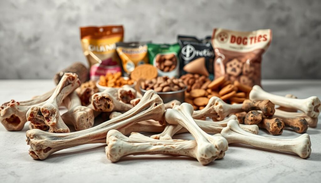 A well-lit still life composition showcasing a variety of raw and cooked bones in the foreground, placed on a clean, neutral-colored surface. The bones should be depicted with precise anatomical detail, highlighting their texture, density, and size variations. In the middle ground, display several types of dog food and treats, subtly hinting at the broader context of a canine diet. The background should be slightly blurred, conveying a sense of focus on the central subject matter. The overall mood should be informative and educational, inviting the viewer to closely examine the different bone options available for responsible dog owners.