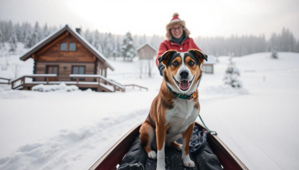 A winter landscape with a cozy cabin nestled in the snowy hills. In the foreground, a friendly dog sits on a sled, its eyes alert and attentive. The dog's owner, dressed in warm winter attire, stands nearby, offering a helping hand to guide the sled down the gentle slope. Soft, diffused lighting filters through the overcast sky, creating a serene and peaceful atmosphere. The scene evokes a sense of togetherness and the joy of outdoor winter activities, showcasing how to assist a dog in sled-like activities in a safe and enjoyable manner.
