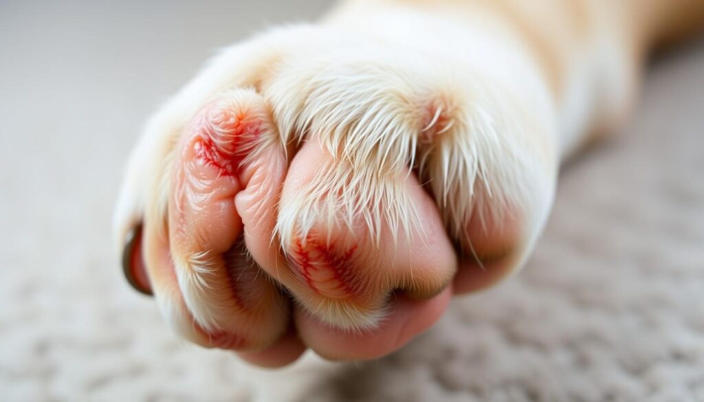 Close-up shot of a dog's paw with visible signs of irritation and inflammation. The paw appears slightly swollen, with reddish-pink hues and a slightly textured, uneven surface. Soft, diffused lighting from the side creates gentle shadows, emphasizing the contours and texture of the paw. The background is blurred, keeping the focus on the affected paw. The overall mood is one of concern and attention to the dog's discomfort, conveying the need to investigate and address the issue.