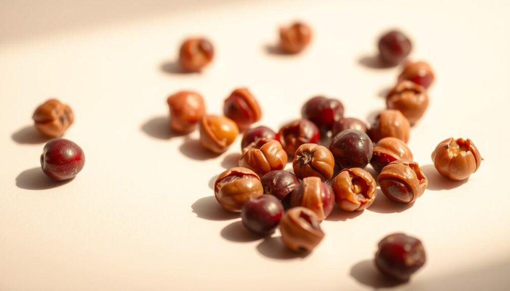 High-resolution macro photography of a handful of cherry pits (pestki czereśni) on a plain, light-colored background. The pits are arranged in a scattered, natural-looking composition, with some pits in focus and others slightly blurred. Warm, soft lighting from the side creates delicate shadows, emphasizing the textural details of the pits' surfaces. The image has a clean, minimalist aesthetic, allowing the intricate features of the cherry pits to be the central focus. The overall mood is one of close observation and careful study of a simple, everyday object.