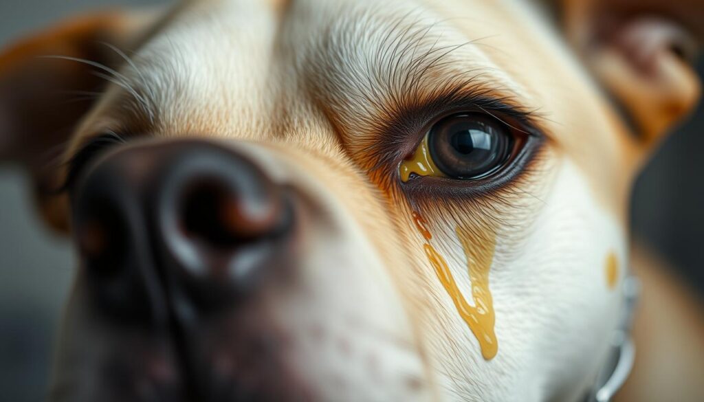 a close-up shot of a dog's face, with the eyes prominently featured. The eyes are visibly inflamed, with a thick, yellowish discharge oozing from the corners. The dog's expression conveys discomfort and irritation. The lighting is soft and diffused, creating a sense of intimacy and clinical examination. The background is blurred, keeping the focus on the dog's eyes. The overall mood is one of concern and the need for veterinary attention to address the eye infection.