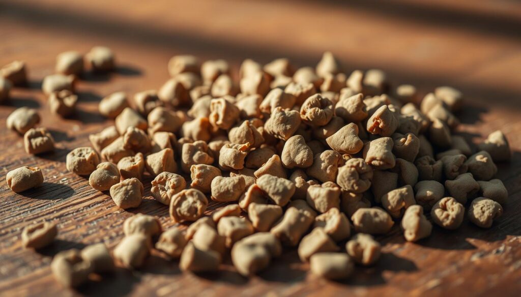 a close-up shot of dry dog food pellets spilled on a wooden surface, with some pellets crumbling or broken, casting shadows and highlights to create a sense of texture and depth. The lighting is slightly warm and diffused, creating a soft, natural ambiance. The focus is on the details of the kibble, showcasing its dryness, brittleness, and potential lack of appeal or nutritional value for a dog. The background is blurred, keeping the attention on the dog food itself and its undesirable qualities.