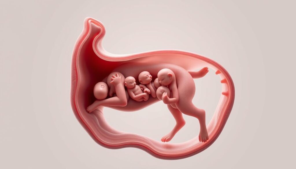 a detailed and realistic digital illustration of the prenatal development of a dog, depicting the fetal stages in the uterus. The image should have a scientific and educational feel, with a clean, neutral background that allows the subject to be the focal point. Render the fetus in a cross-sectional view, clearly showing the different stages of growth and development, from the early embryonic phase to the late gestational period. Capture the intricate anatomical details and structures with precise accuracy, using a muted color palette and soft lighting to create a sense of depth and dimensionality. The overall composition should be visually engaging and informative, conveying the key aspects of the canine prenatal period.