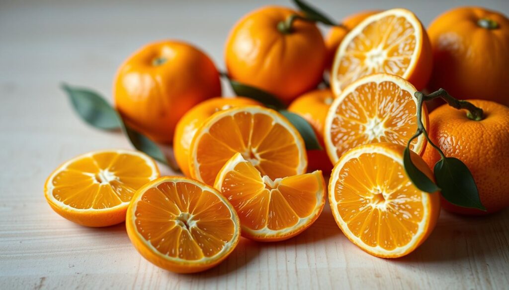 a detailed still life photo of various mandarin oranges in different stages of ripeness, artfully arranged on a light wooden surface, with a soft, warm lighting creating a cozy, inviting atmosphere. The mandarins are shown in cross-section, revealing their vibrant, segmented interiors and glistening juice-filled segments. The composition highlights the fruit's natural beauty, textures, and nutritional properties, capturing the essence of the "Nutritional Values of Mandarins" section.