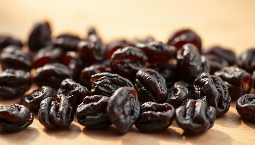 a photo of several dark purple raisins (rodzynki) arranged on a light wooden table, with a soft, warm lighting illuminating the raisins and casting gentle shadows, creating a cozy and appetizing atmosphere. The raisins are in focus, with a shallow depth of field blurring the background, emphasizing the subject. The image conveys the delicious and nutritious nature of the raisins, suitable for illustrating a section about whether dogs can safely consume them.